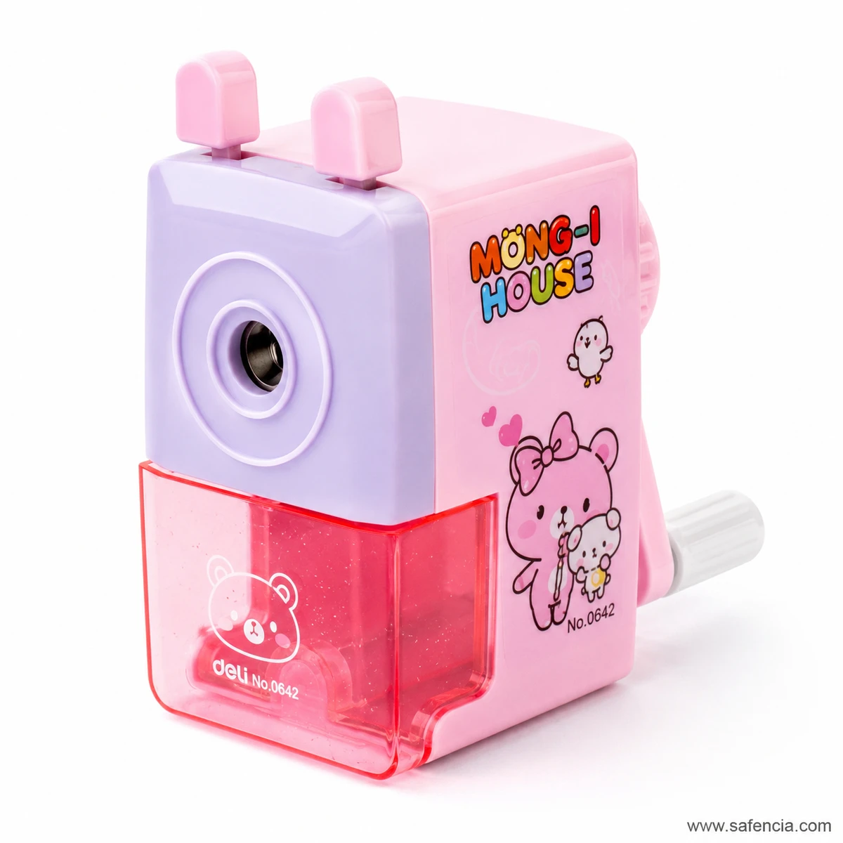Deli 0642 pink desk sharpener side view with bear bunny chick artwork and white handle