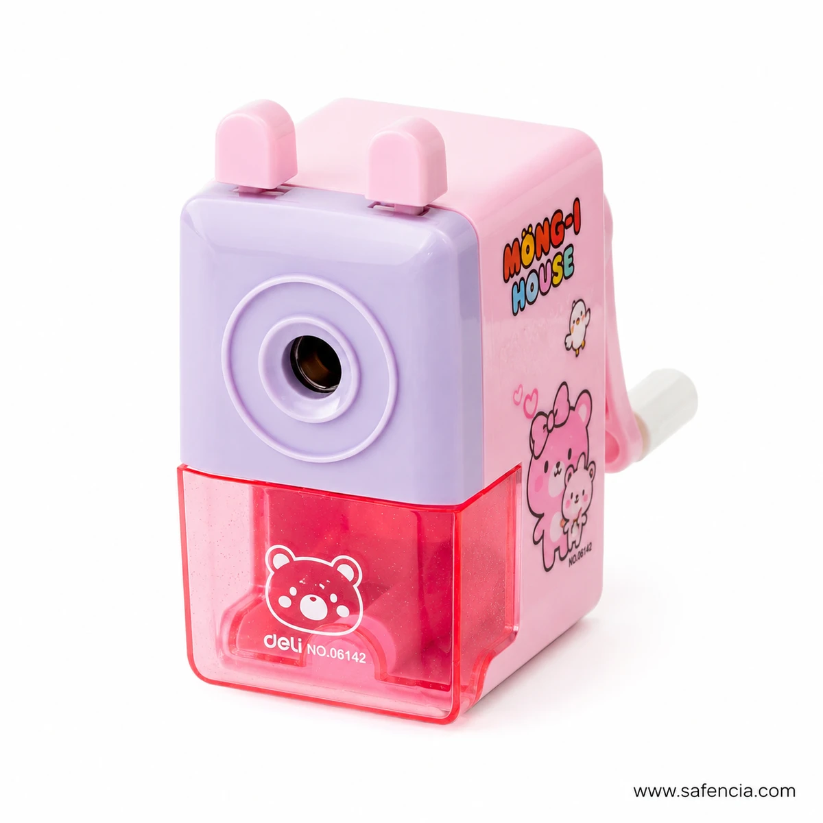 Deli 0642 rotary sharpener front view with transparent pink shavings compartment and bear graphic