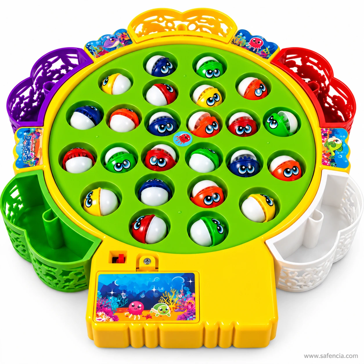 Top view of the fishing game disc showing all the fish with their mouths open and closed