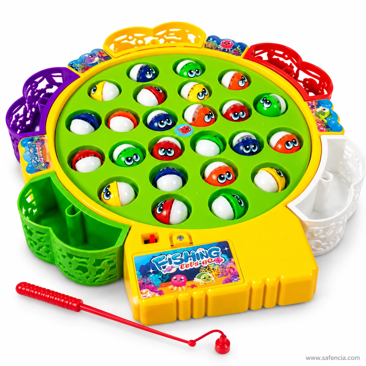 Close view of the fishing game showing a red rod and the coloured catch trays around the rim