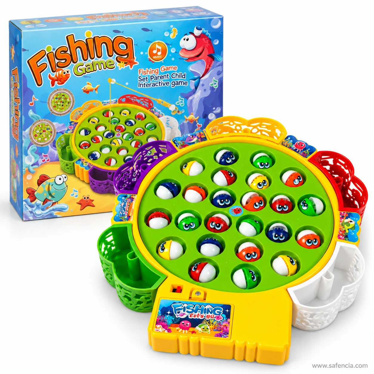 The rotating fishing game next to its retail box printed Fishing Game with a music symbol