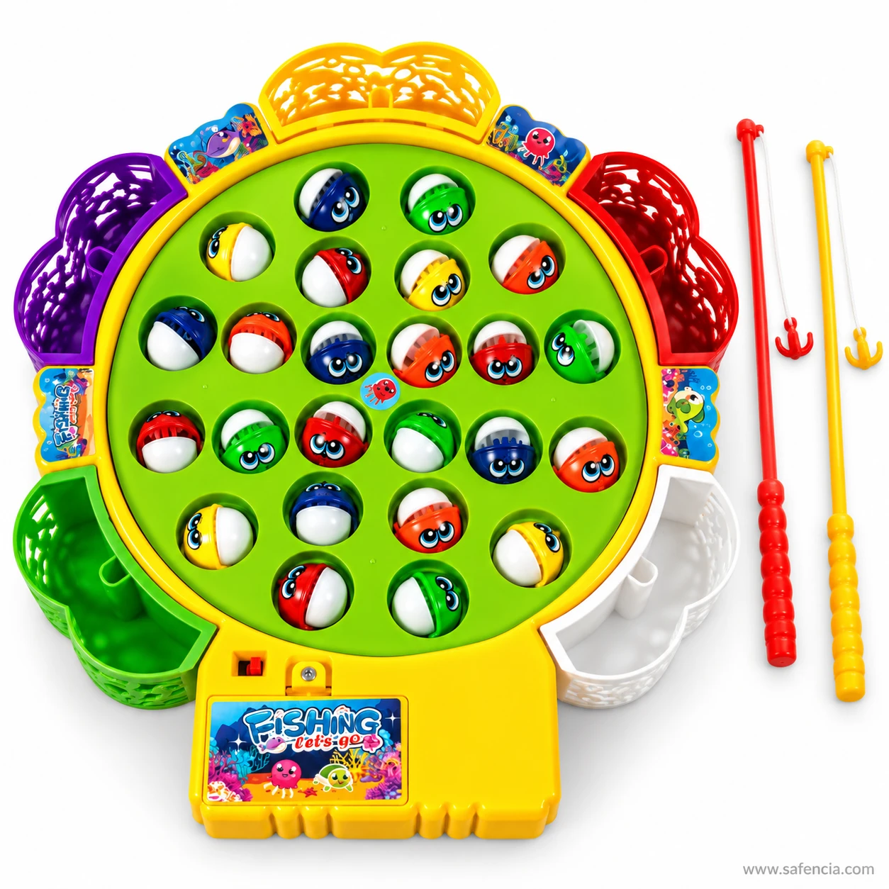 The fishing game shown beside its two fishing rods, one red and one yellow with hooks
