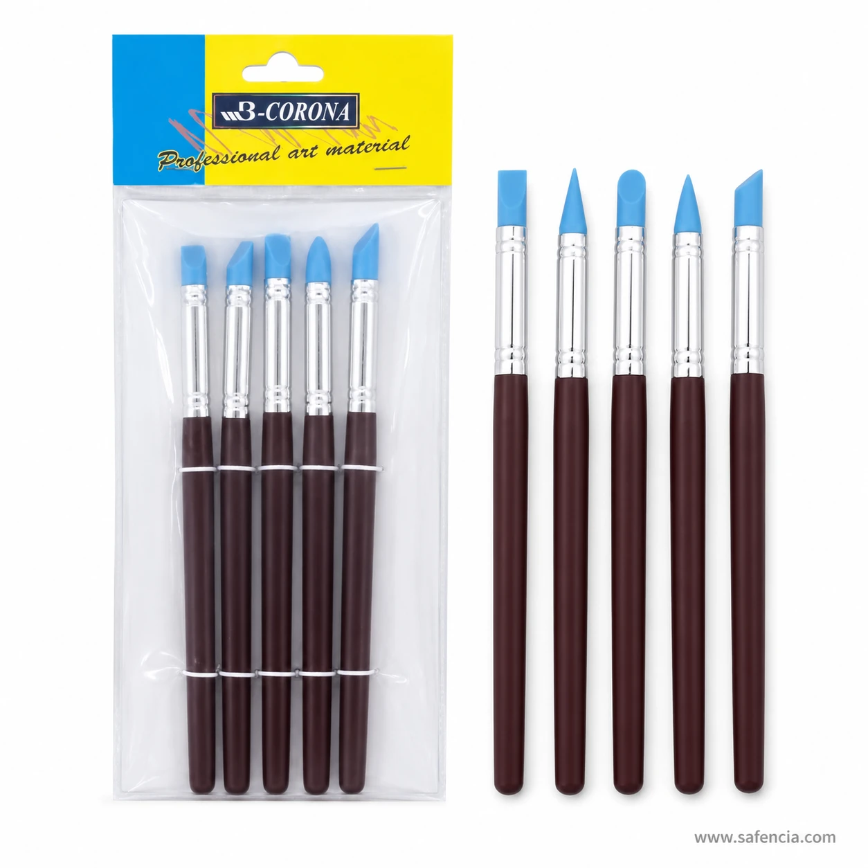 Silicone colour shaper set in its 3-Corona card beside the five loose tools