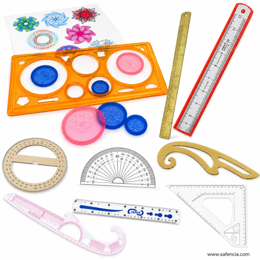 Safencia ruler and scale range in Pakistan — wooden 12 inch ruler, steel ruler with red edge, transparent plastic rulers, triangle set square, brass patwari scale, French curve, textile curve scales and a spiral design geometric ruler with its pattern drawings
