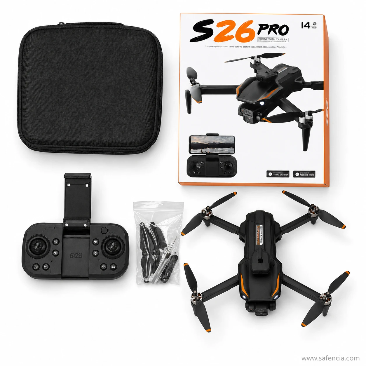 Overhead flat lay of the S26 Pro drone kit showing the carry case, controller, spare propeller bag and drone from above