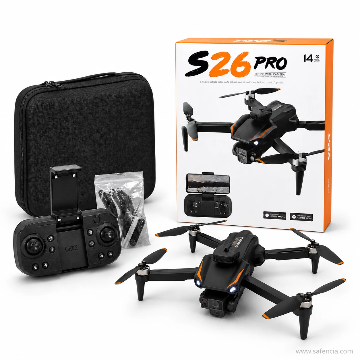 S26 Pro drone at an angle showing the front camera housing under the nose and the two white LED lights beside it