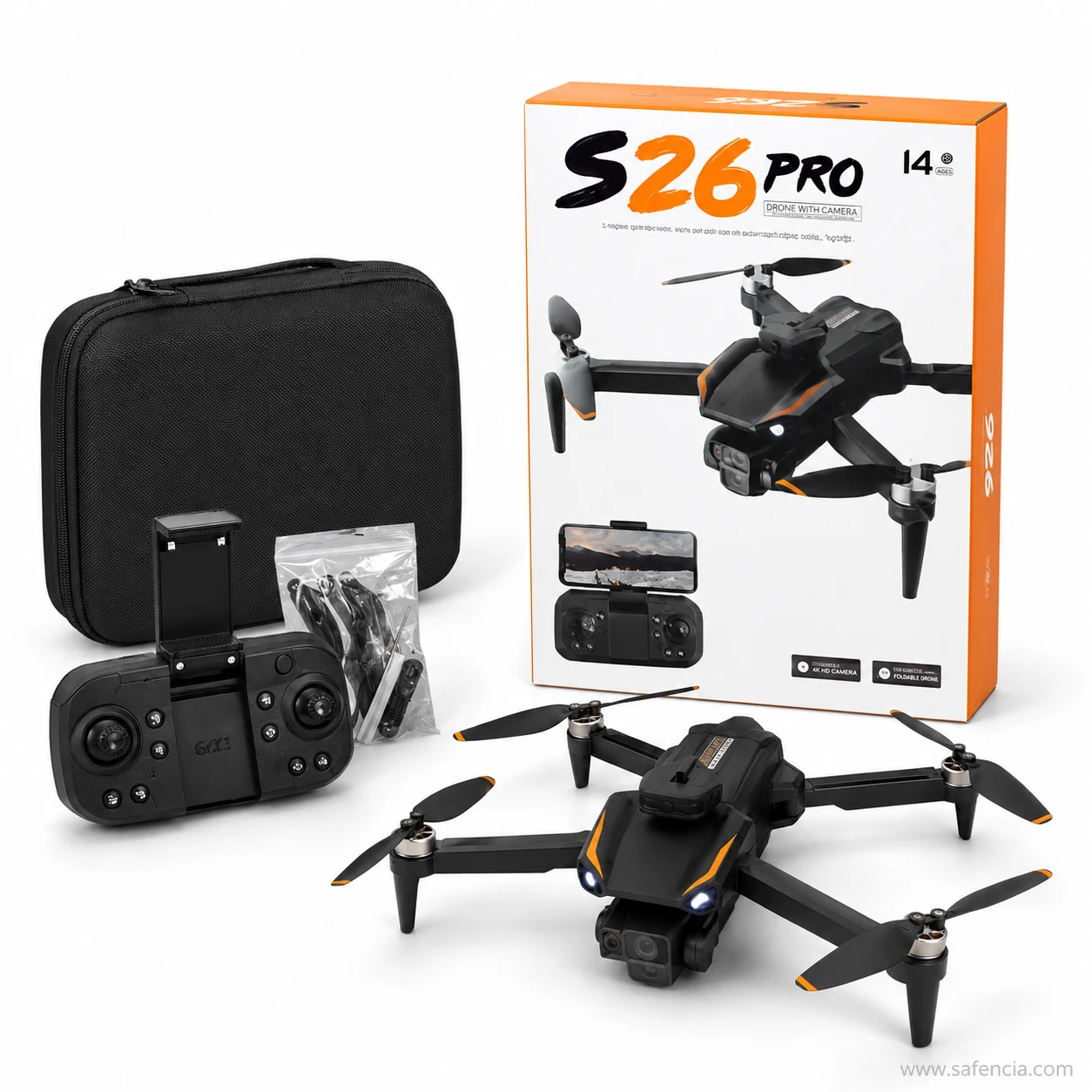 S26 Pro drone retail box marked 4K HD camera and one button foldable drone beside the hard zip carry case
