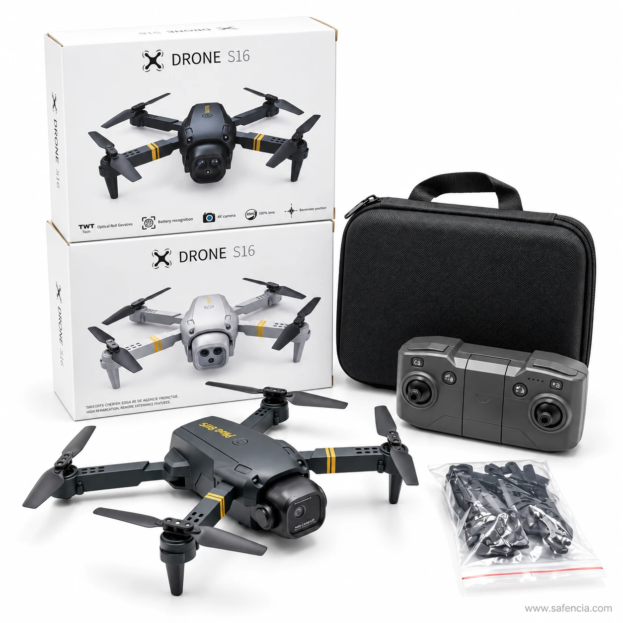Two DRONE S16 boxes, one showing the black drone and one the grey drone, beside the black drone, case and remote