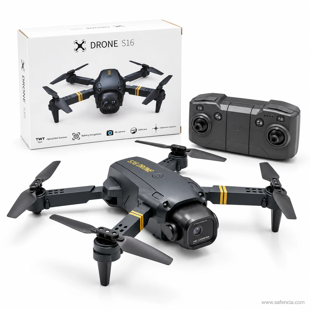 Black S16 camera drone in front of its white DRONE S16 box and the grey two-stick remote control