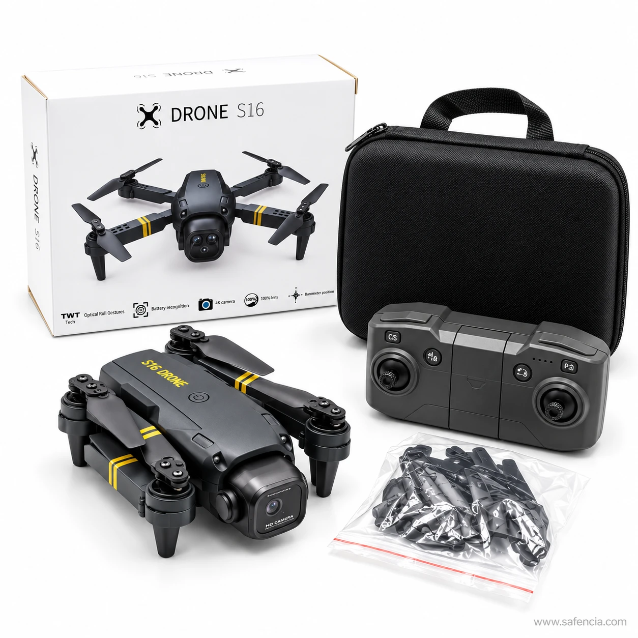 S16 drone with its arms folded beside the DRONE S16 box, the black carry case, the remote and spare propellers