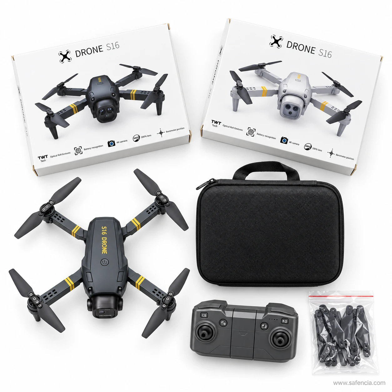 Top view of the black S16 drone with S16 DRONE printed in yellow, next to both boxes, the zip case, remote and propellers