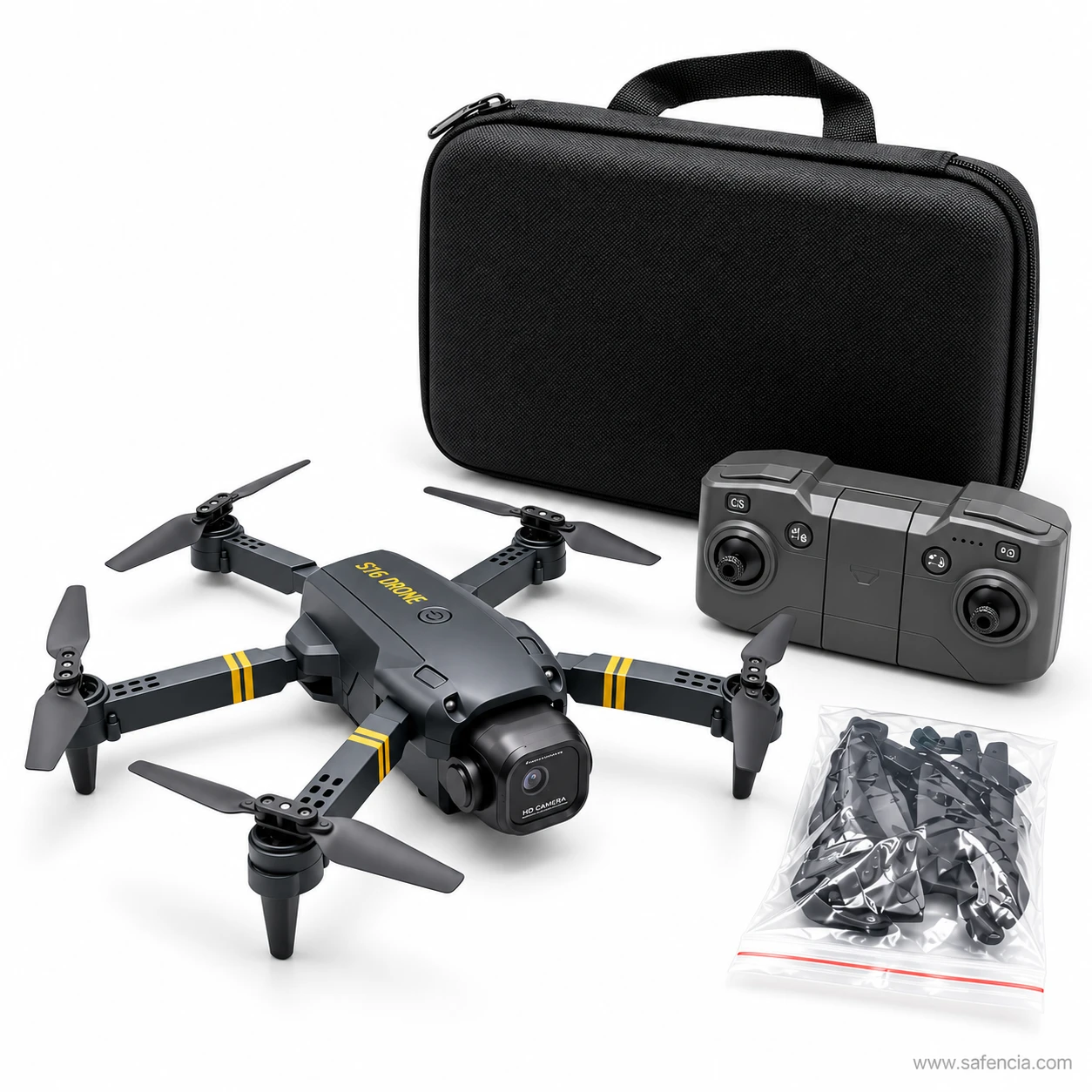 S16 camera drone with its two-stick remote, black zip carry case and a bag of spare propellers laid out on white