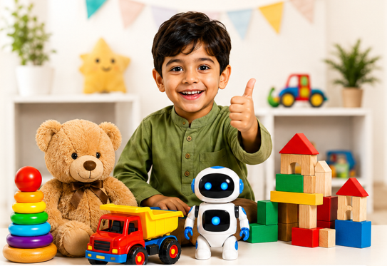 Happy child with toys from Safencia