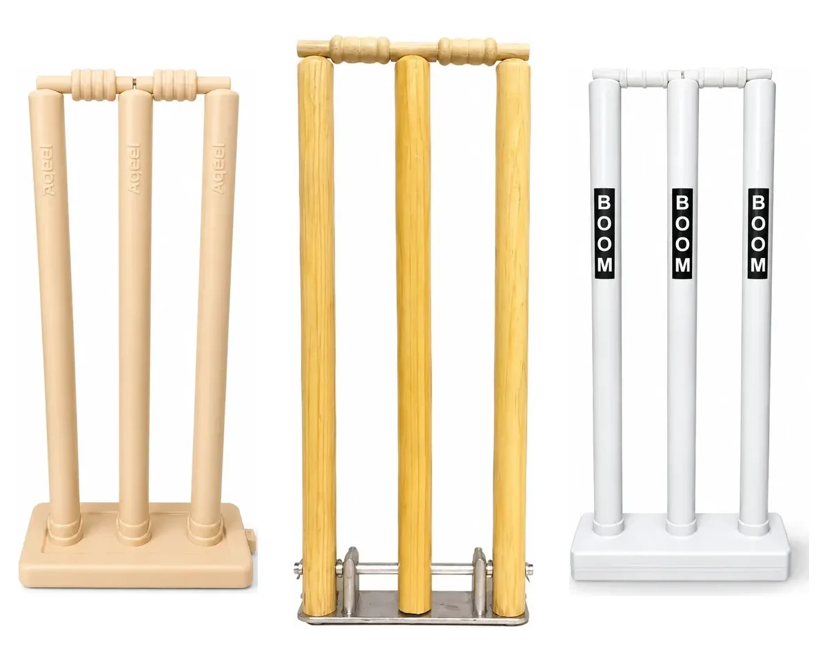 Cricket wickets category in Pakistan — plastic and wooden spring stumps