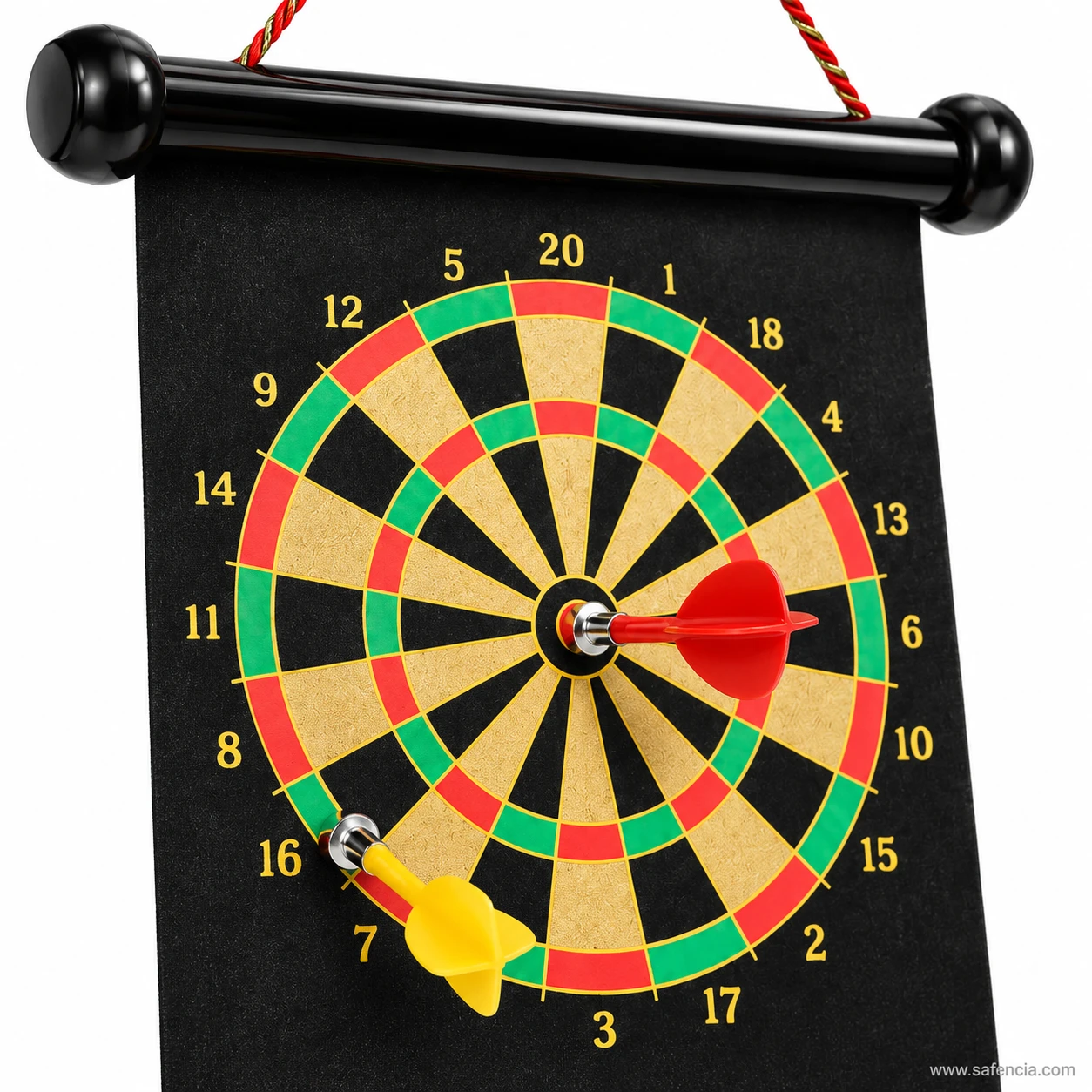 Close-up of the magnetic dart board bullseye with a red magnetic dart and a yellow dart on the rings
