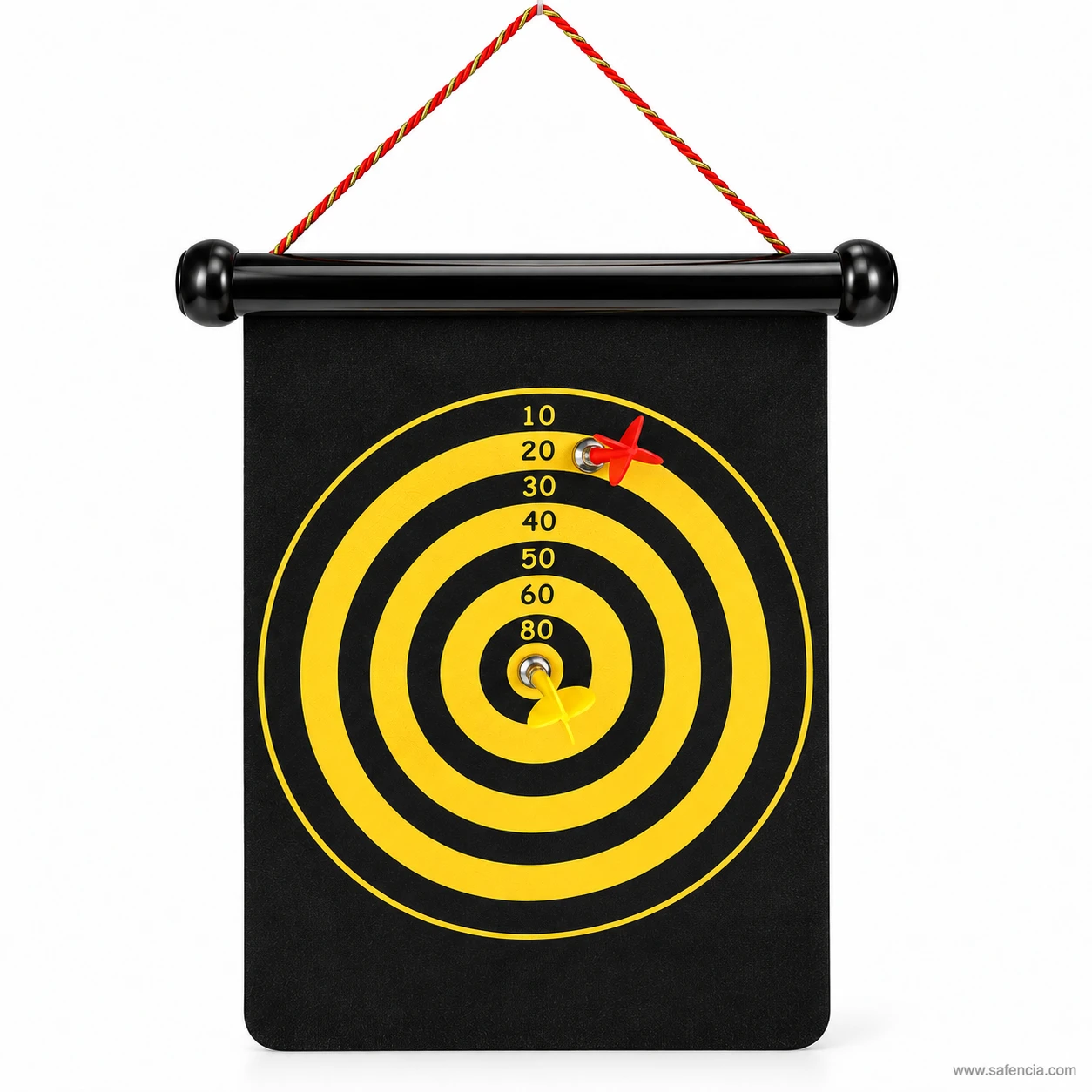Magnetic dart board reverse side with yellow and black bullseye rings scored 10 to 80 and darts