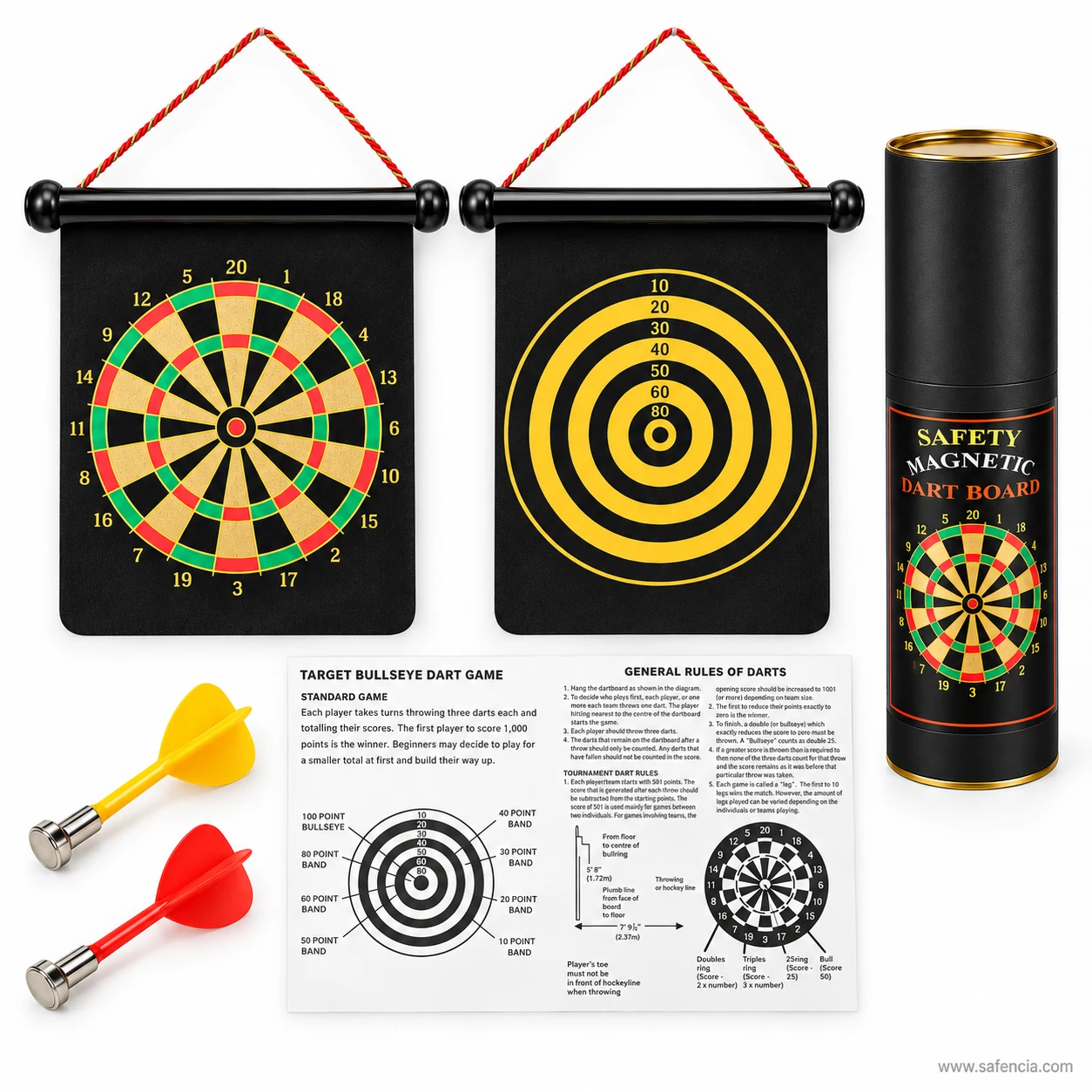 Both sides of the safety magnetic dart board with the storage tube, two darts and printed rules sheet