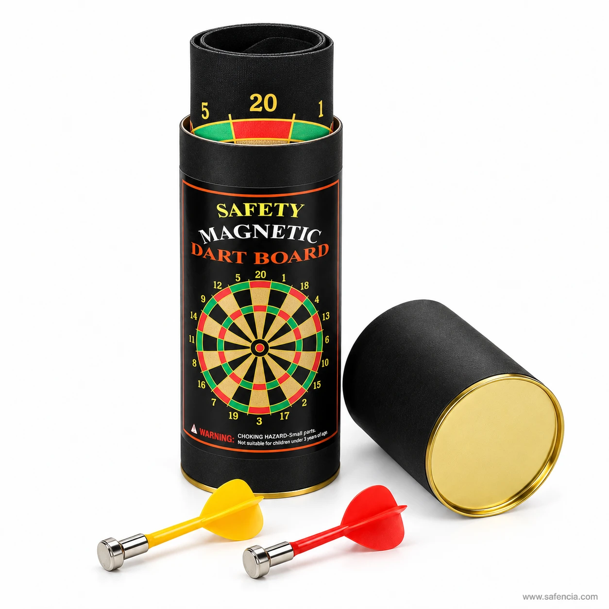 Safety Magnetic Dart Board printed storage tube with the rolled board inside, lid and two darts