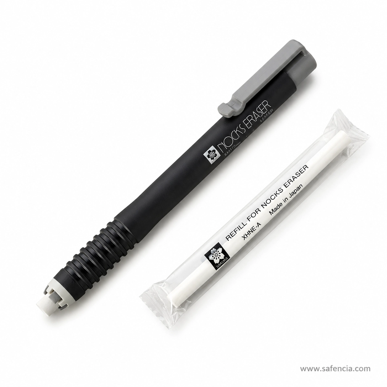 Sakura Nocks eraser pen beside a sealed refill sleeve printed Refill for Nocks Eraser, XHNE-A and Made in Japan