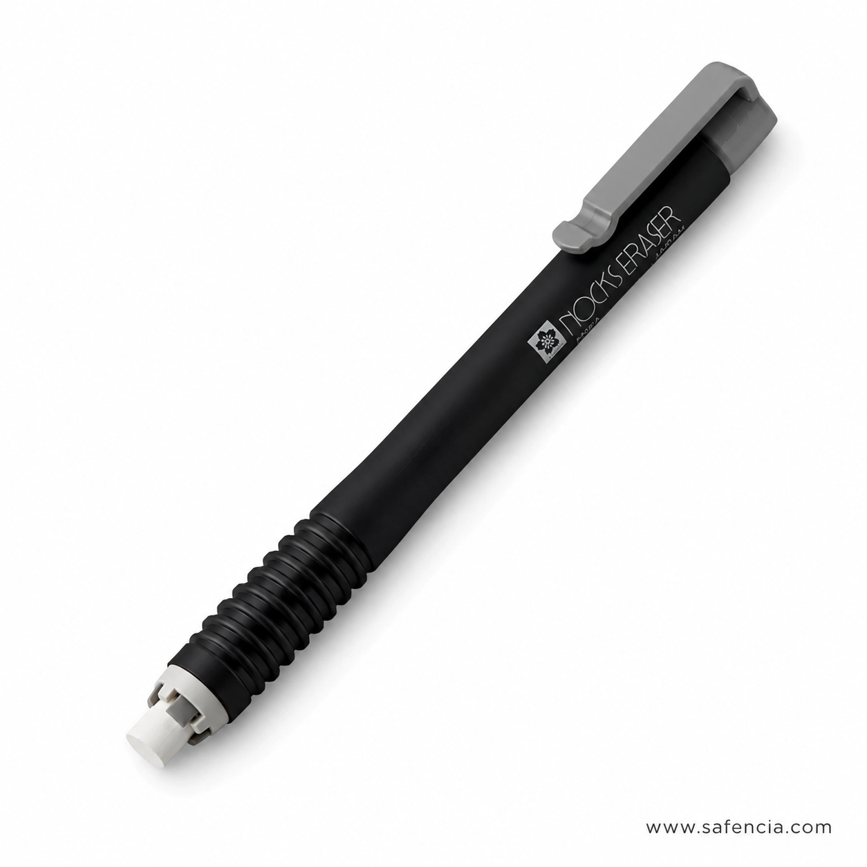 Sakura Nocks eraser pen photographed alone against white, showing the black barrel, grey pocket clip, ribbed grip section and the white eraser stick held in the grey collet at the tip