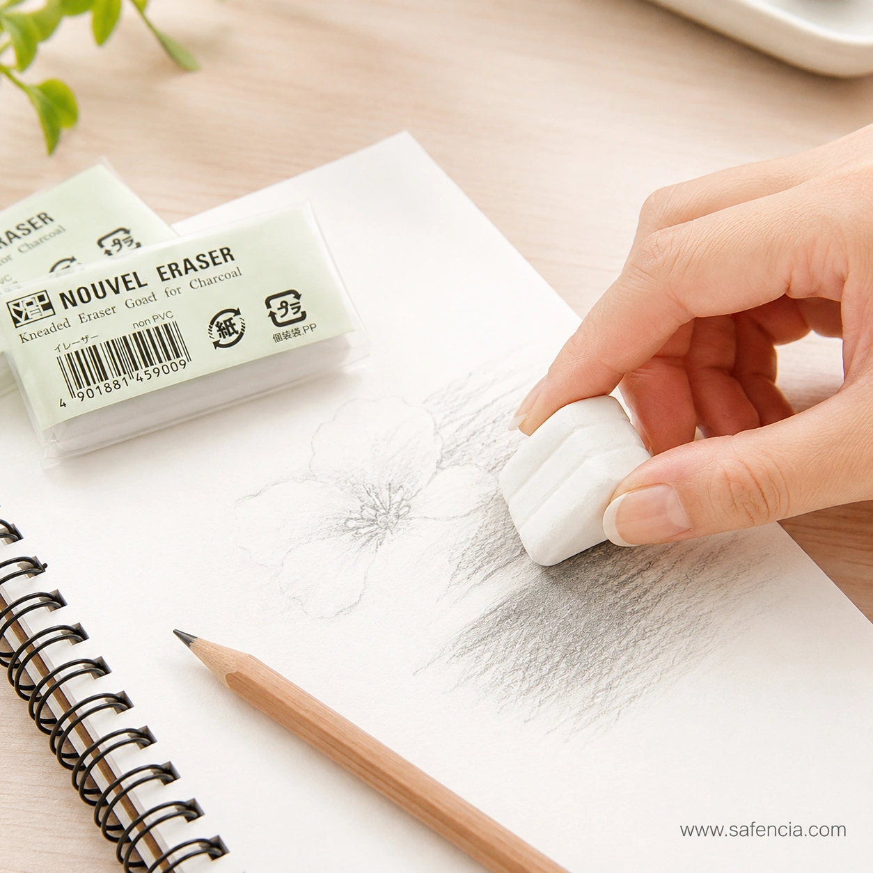 A hand pressing the white Sakura Nouvel kneaded eraser onto a pencil drawing of a flower to lift tone out of the shaded area