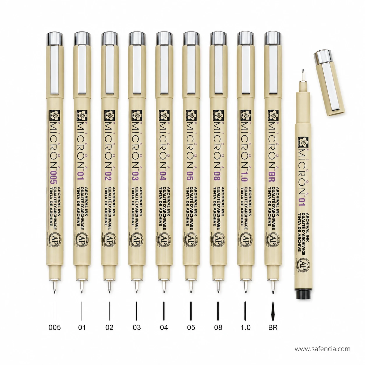 Pigma Micron pens lined up above a chart of each nib's stroke width