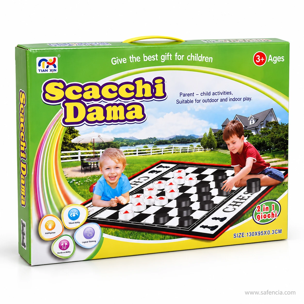 Scacchi Dama checkers and chess floor mat game box with yellow carry handle and round pieces artwork