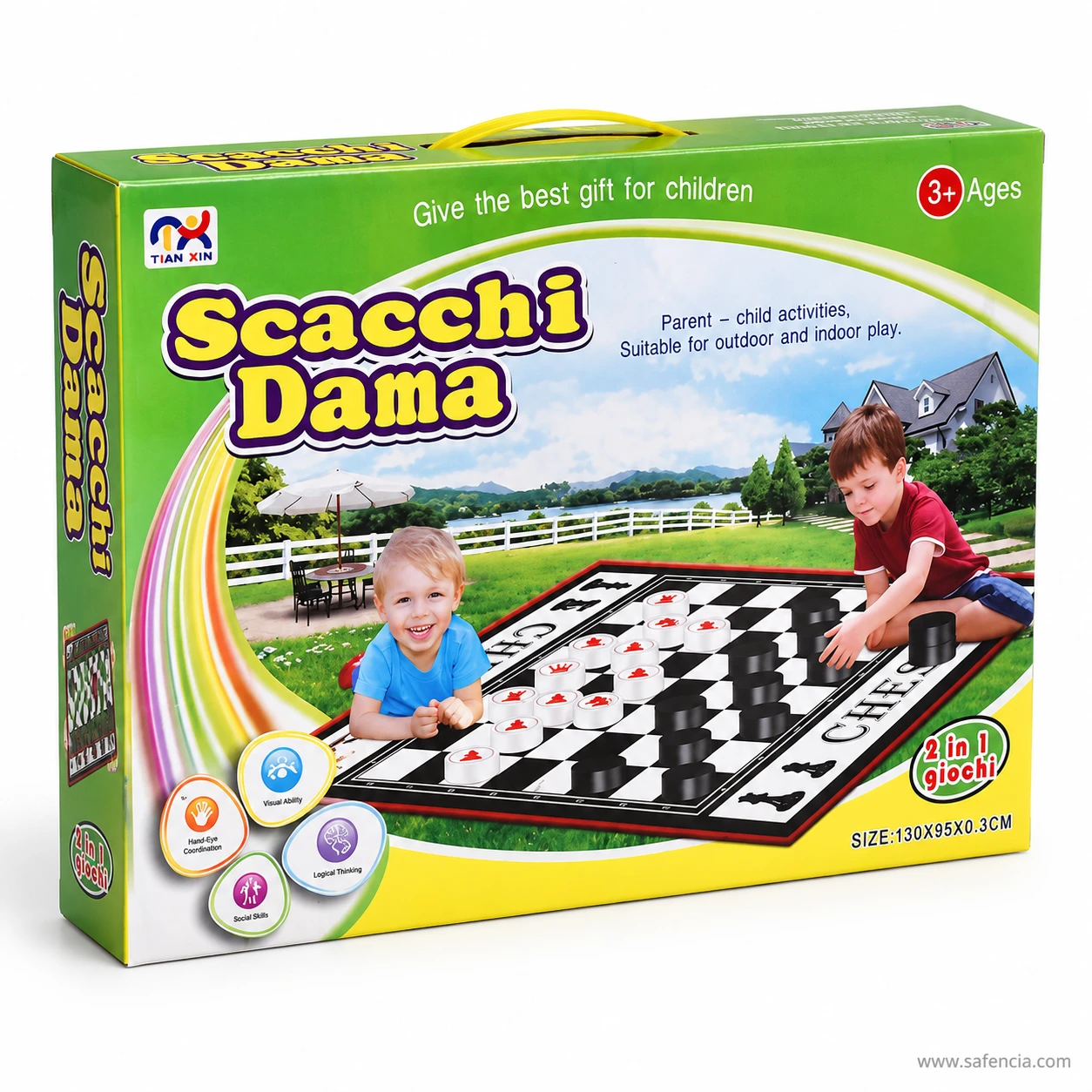 Scacchi Dama chess and checkers floor game box printed with size 130 x 95 cm and 2 in 1 label