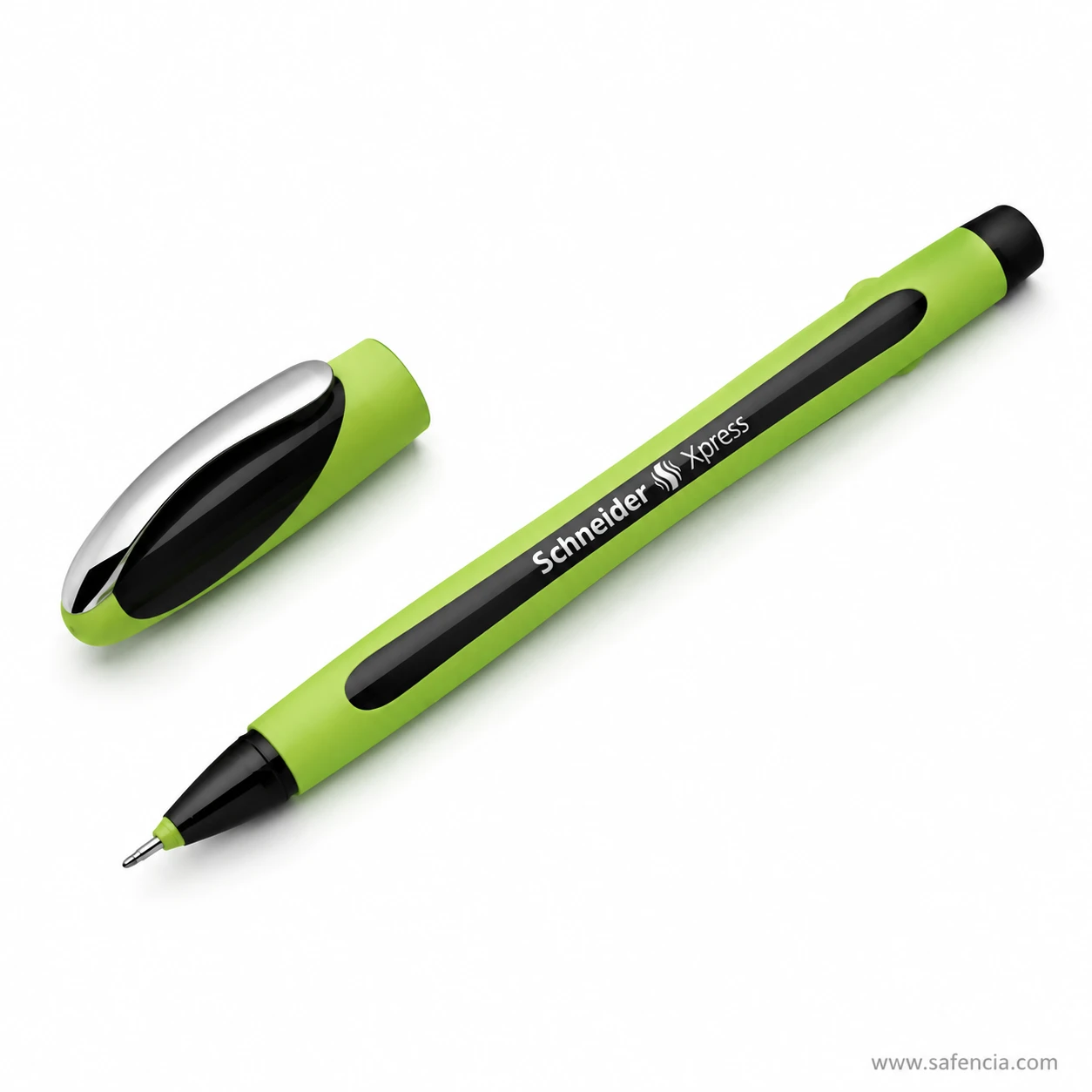 Schneider Xpress black fineliner uncapped beside its chrome-topped cap