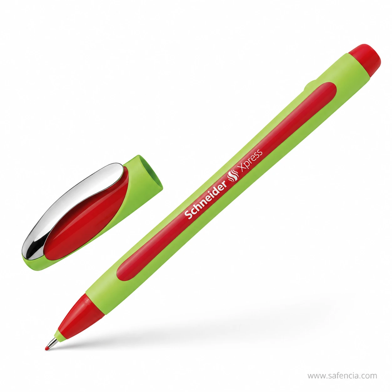 Schneider Xpress red fineliner beside its cap with the chrome clip visible