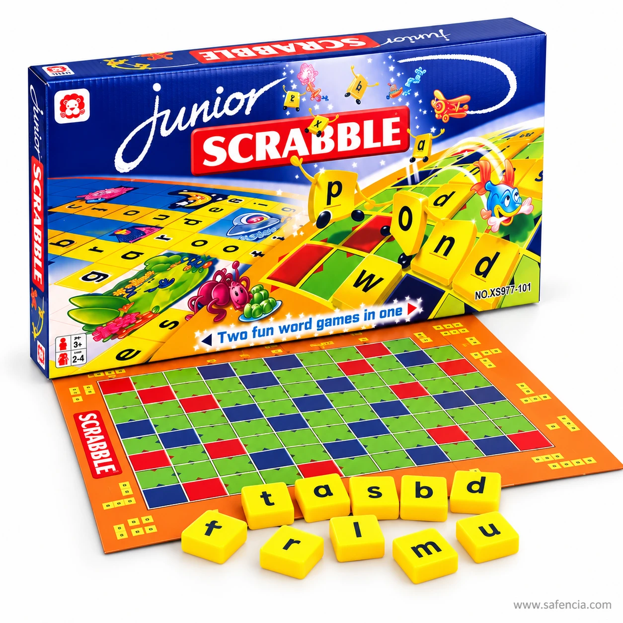Junior Scrabble box reading two fun word games in one, with the coloured board and a row of yellow letter tiles in front