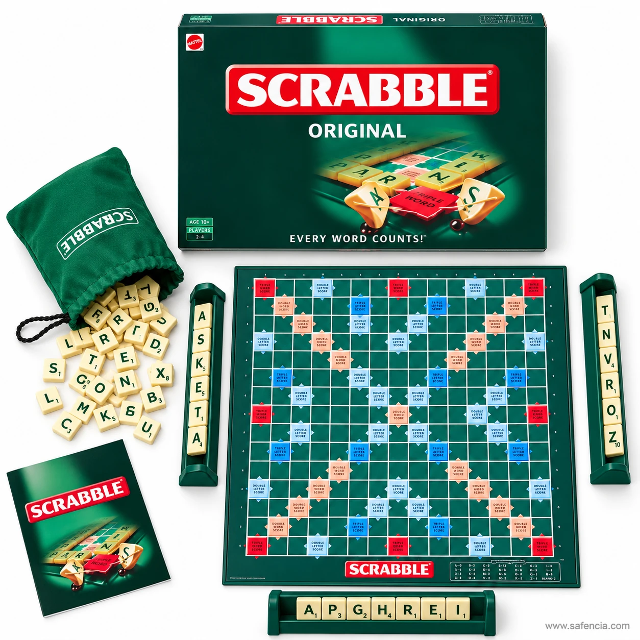 Scrabble Original box marked age 10 plus and 2 to 4 players, with the empty board, racks, tile bag and rules booklet