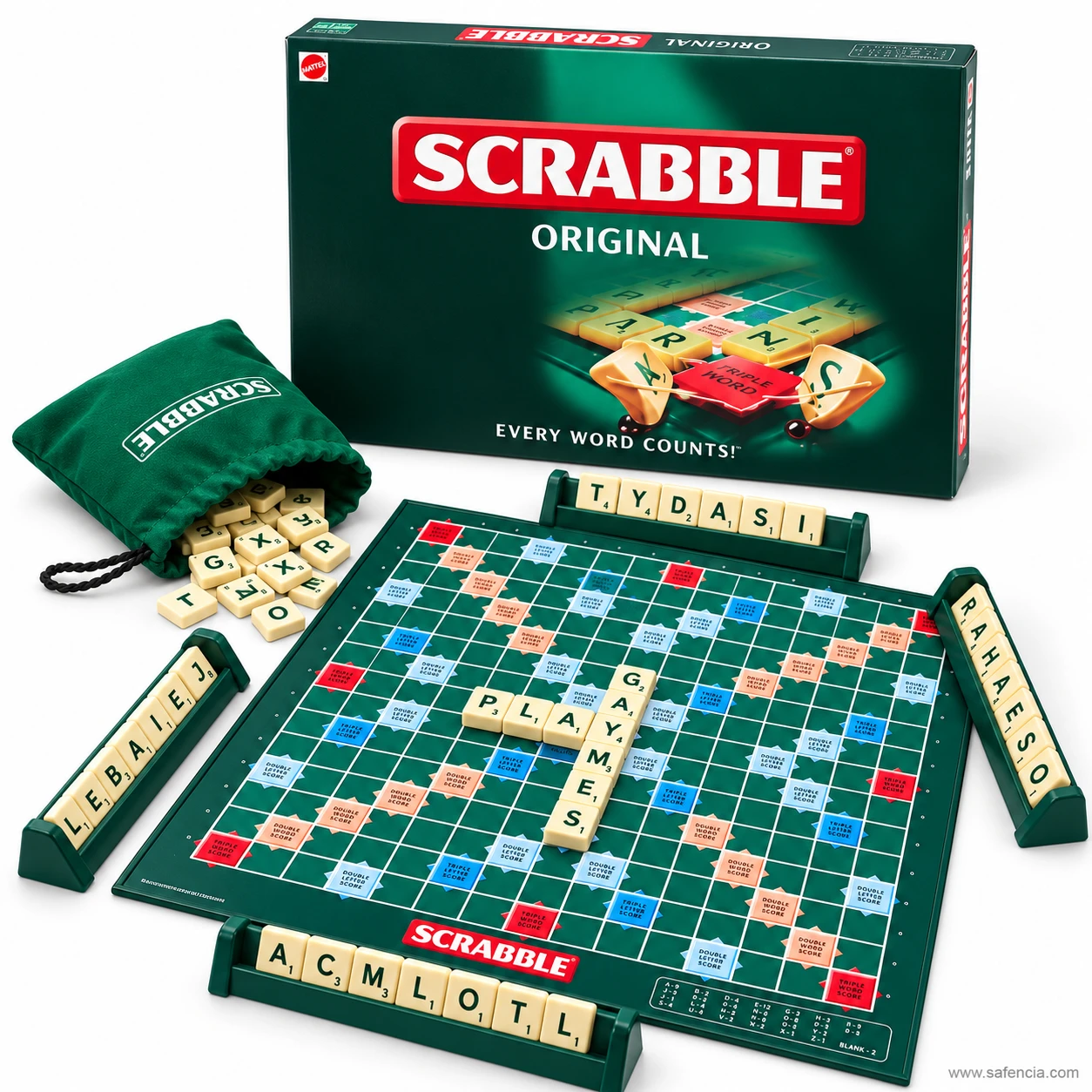Scrabble Original set laid out with four green tile racks around the board, letter tiles and the green Scrabble box