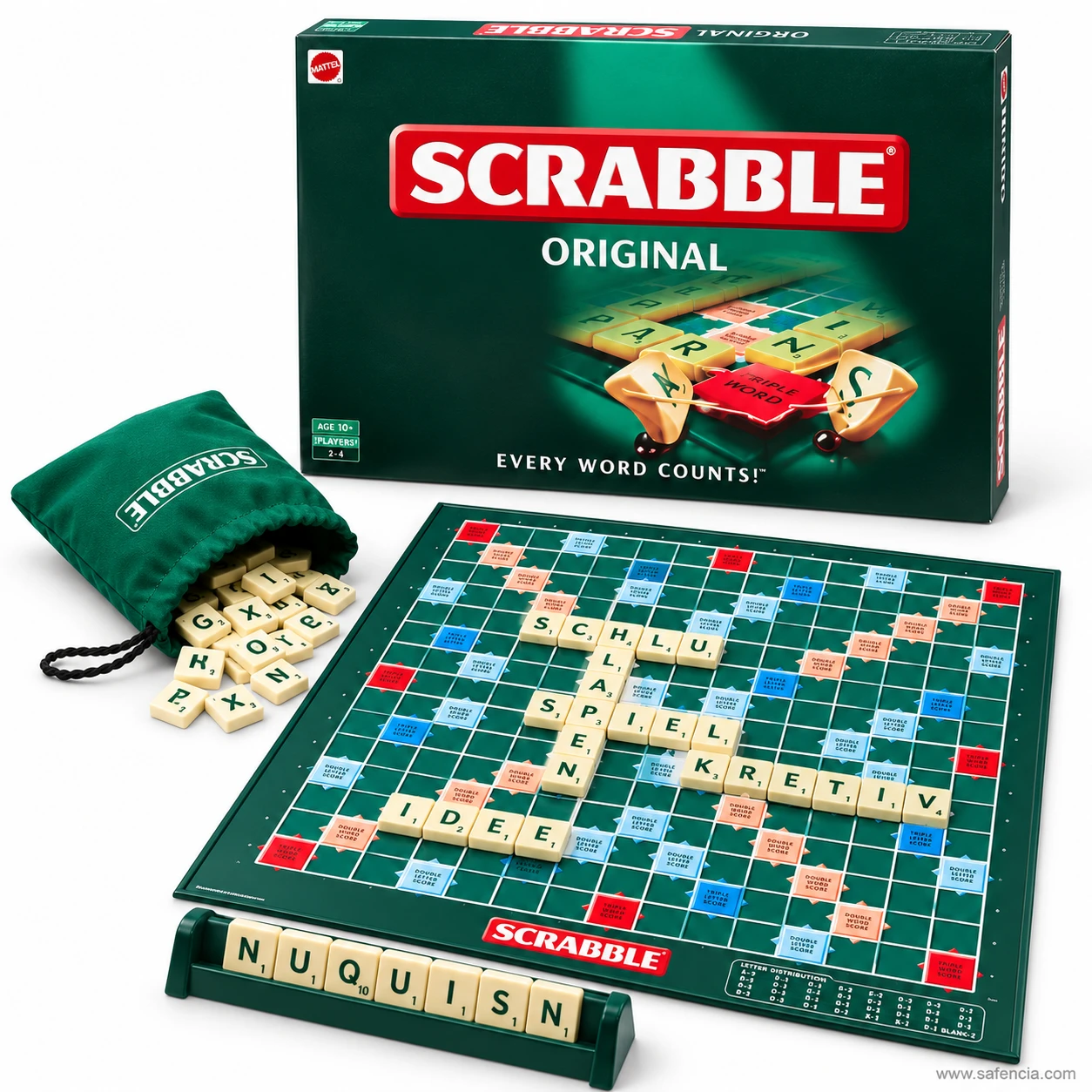 Scrabble Original board with interlocking words played crossword style, a tile rack in front and the tile bag beside the box