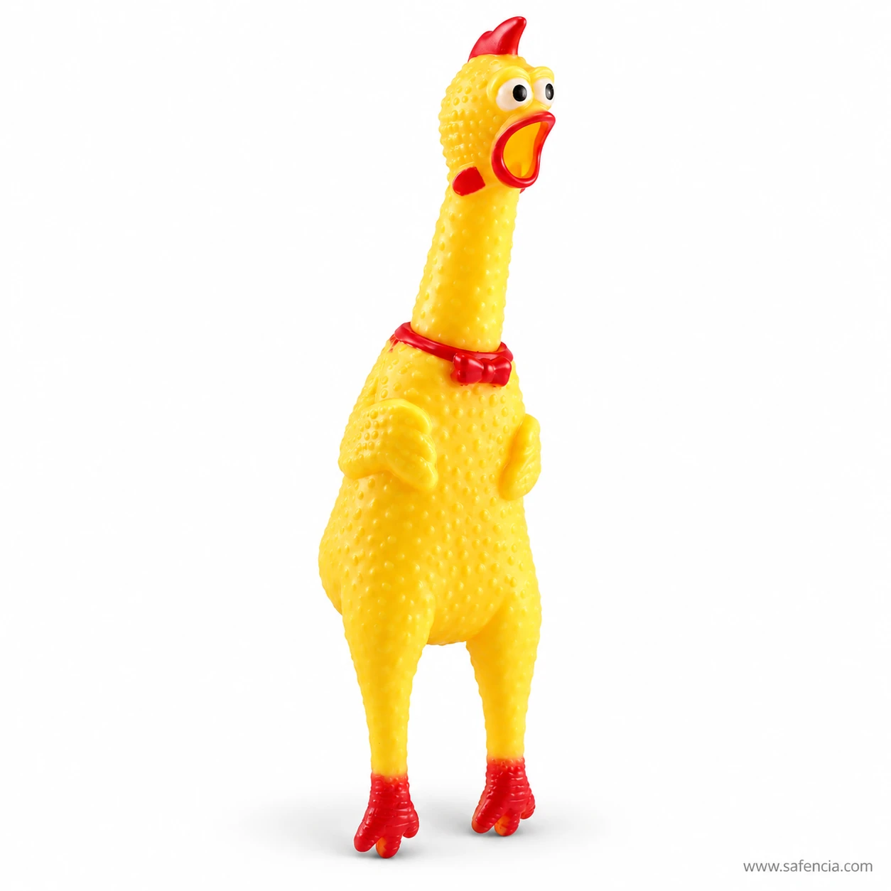 Angled view of the screaming rubber chicken showing its textured yellow skin