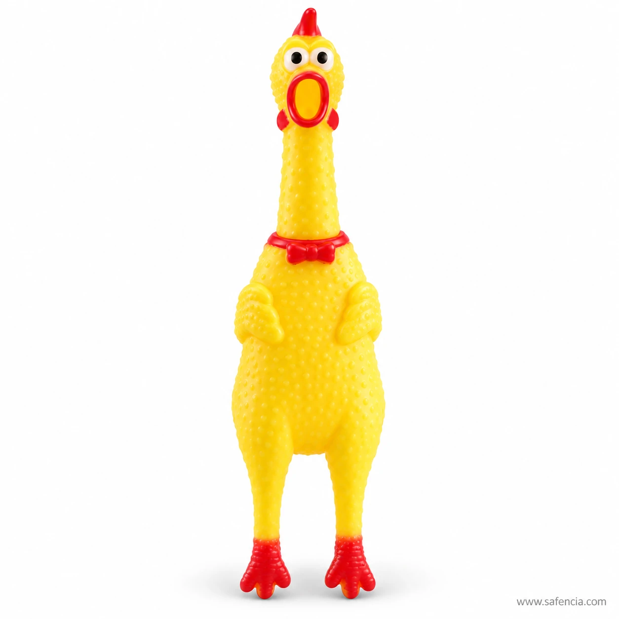 Face-on view of the screaming rubber chicken showing its round open beak and bow tie