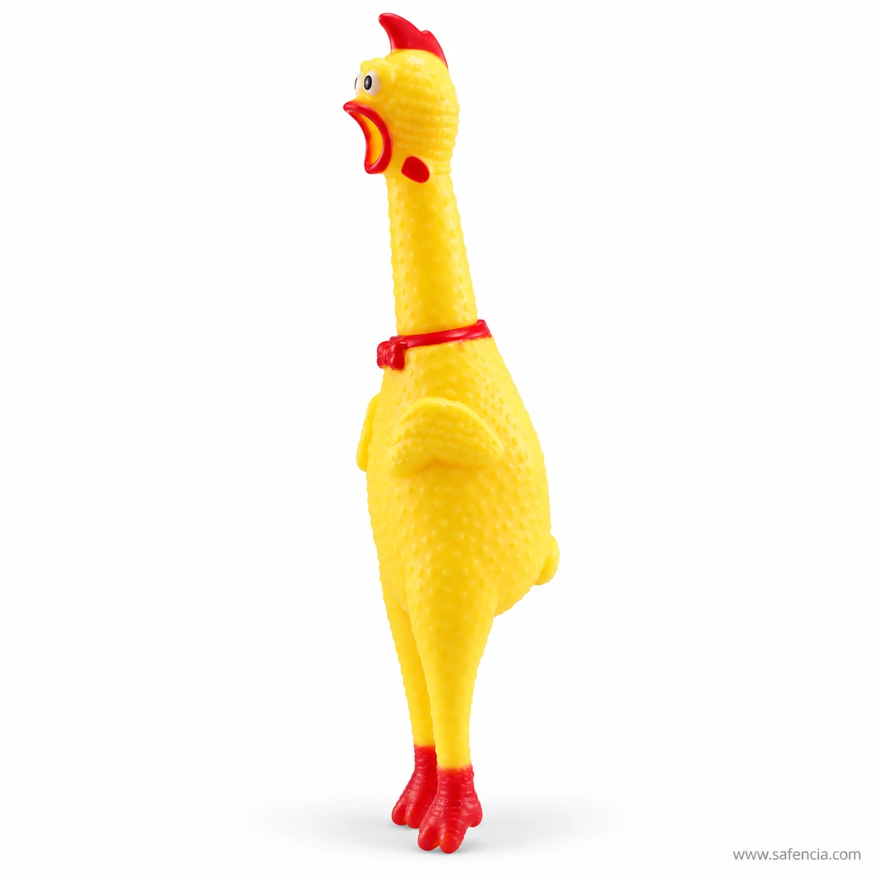 Side profile of the screaming rubber chicken with long neck and red feet