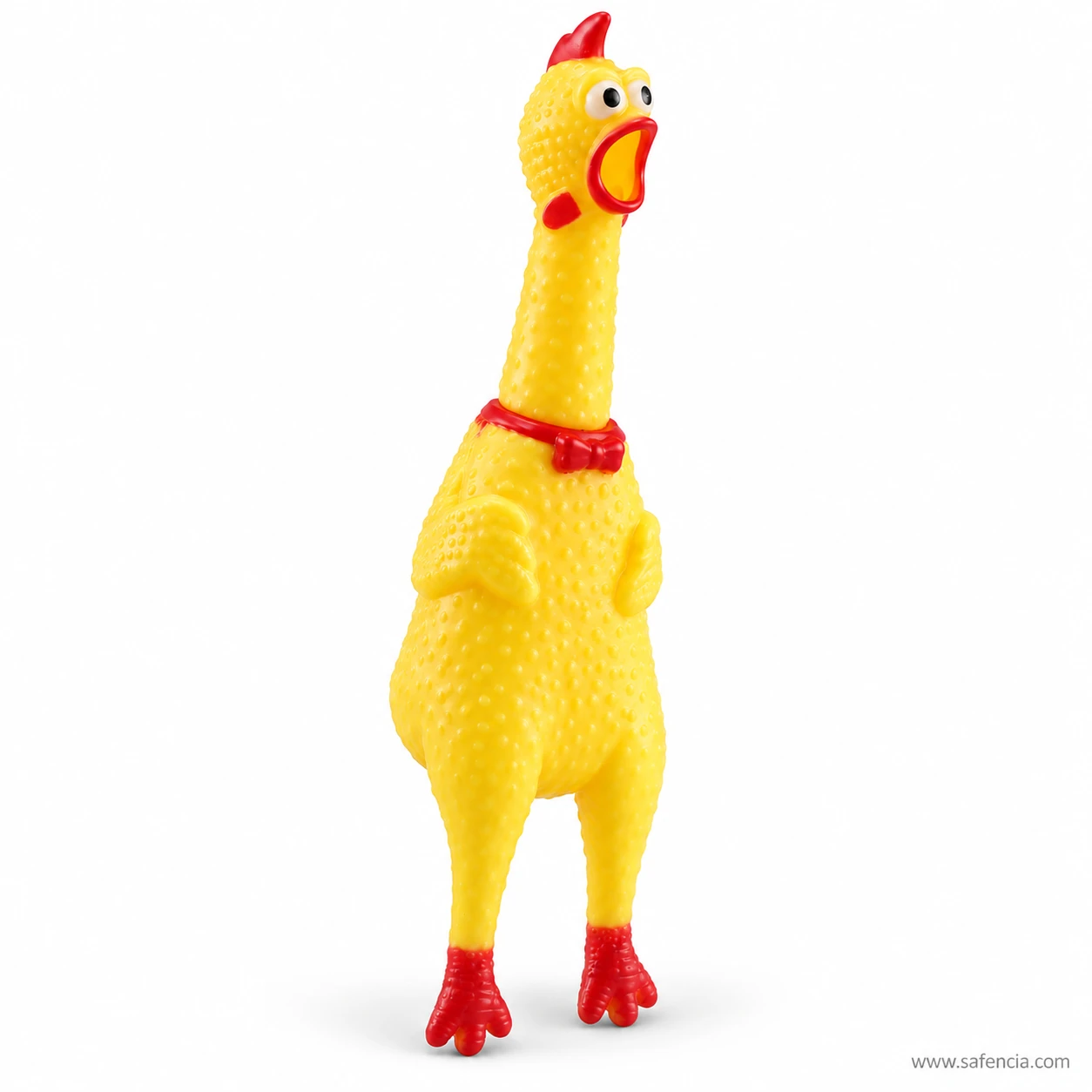 Three-quarter view of the yellow screaming rubber chicken squeeze toy