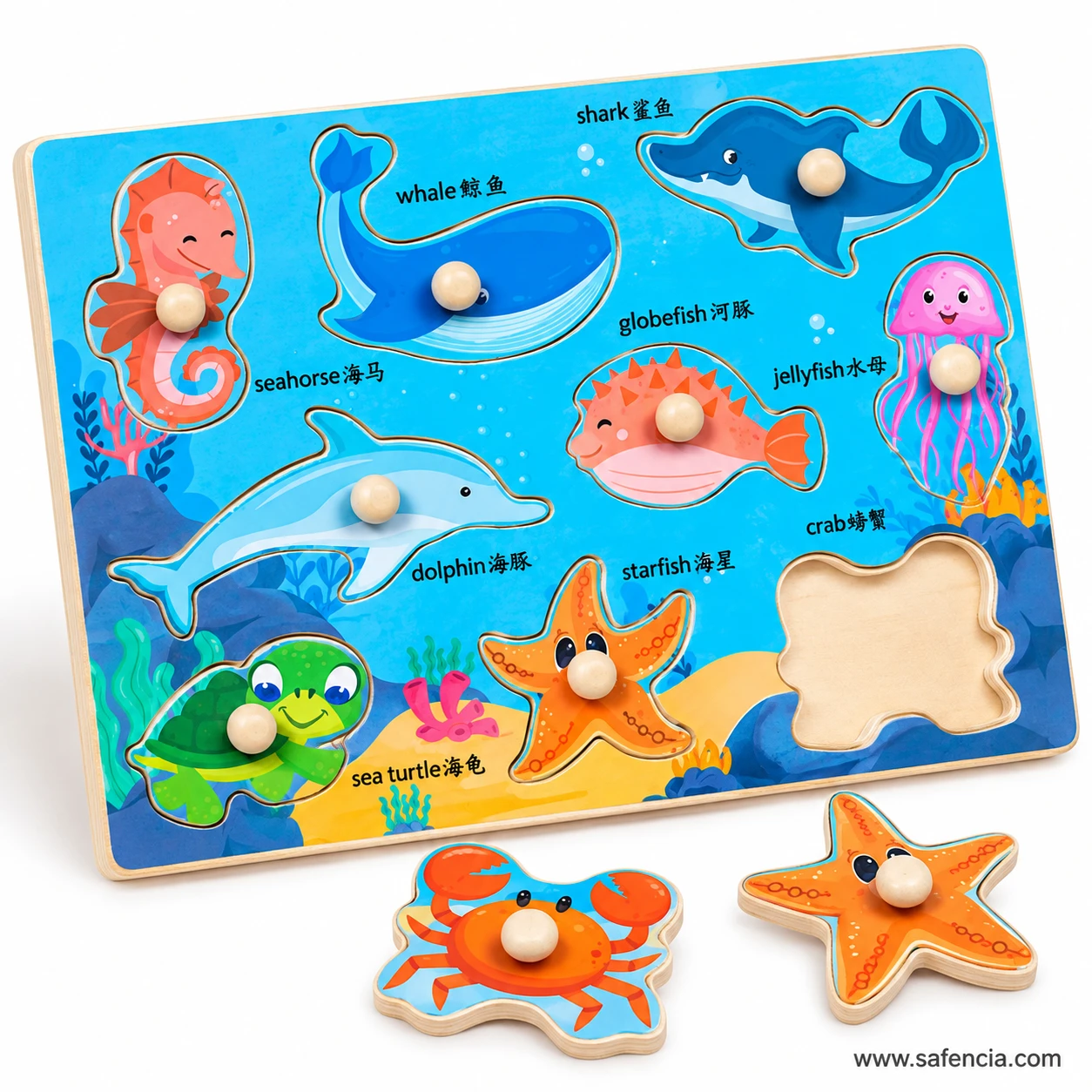 Angled sea animals peg puzzle with the crab and starfish knob pieces lifted out in front