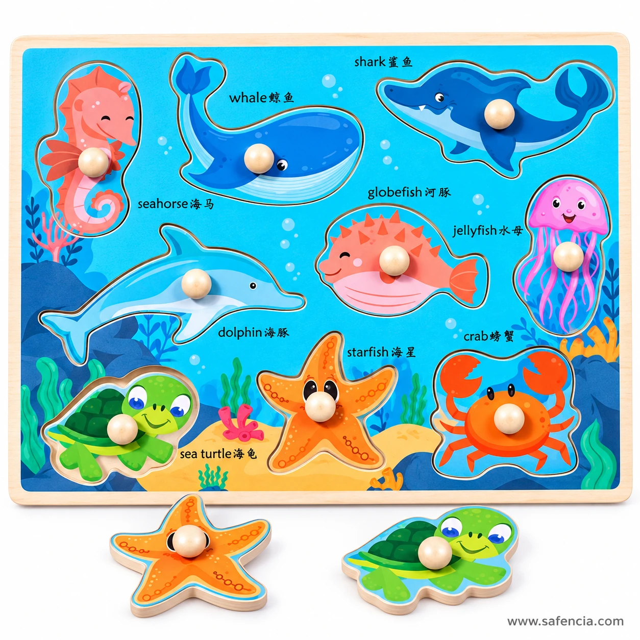 Sea animals wooden puzzle board with the starfish and sea turtle pieces placed in front of it