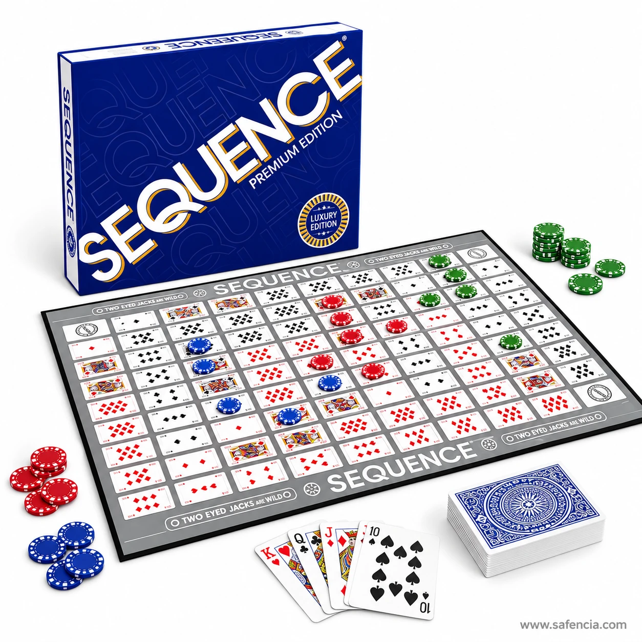 Sequence board printed two eyed jacks are wild, with stacks of red, blue and green chips and a deck of cards beside it