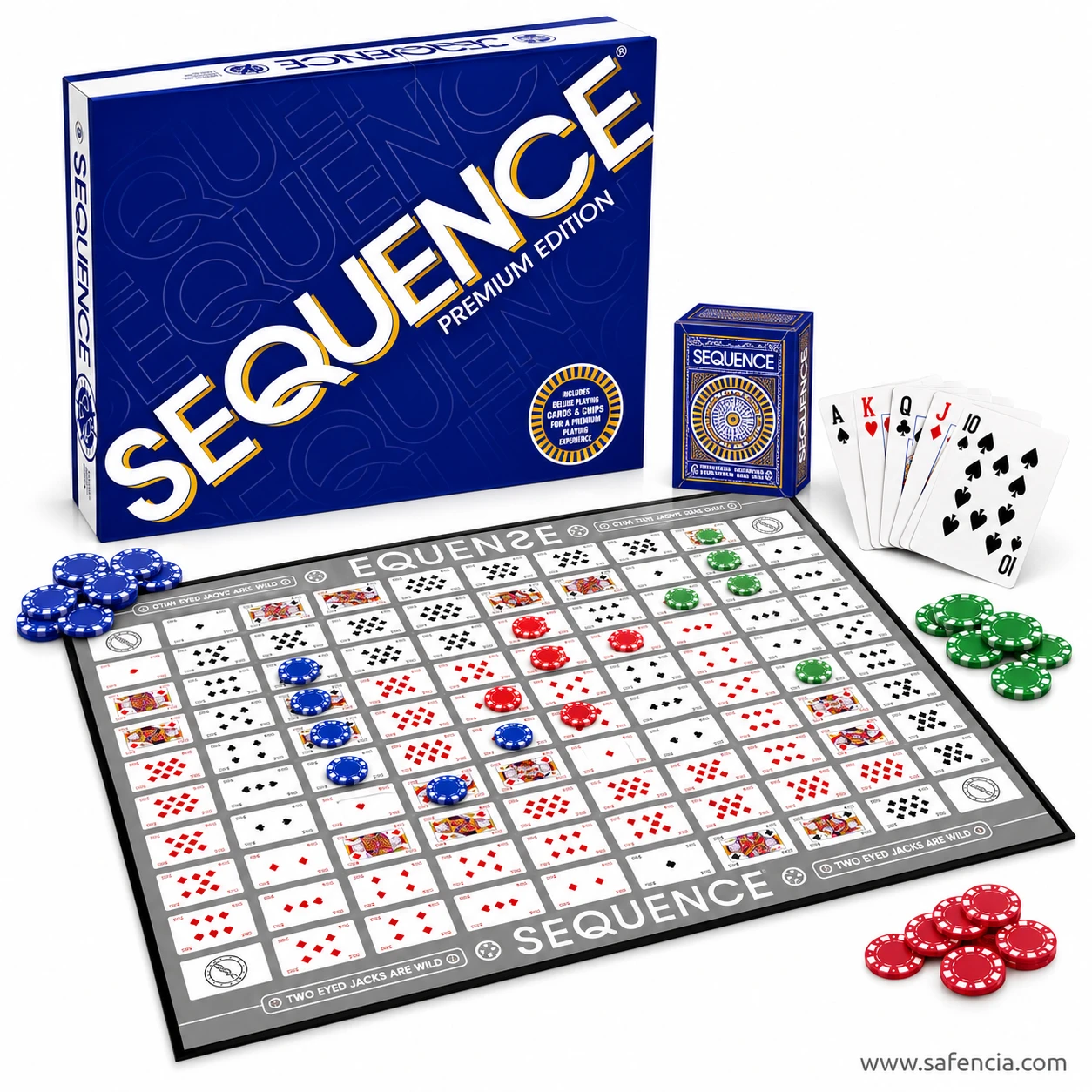 Sequence board game mid-game with blue, red and green chips on card squares, cards fanned beside the board