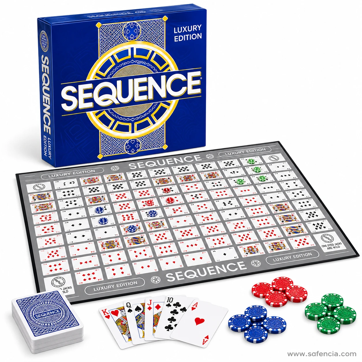 Sequence board game Luxury Edition box with a gold ring around the logo, the board, cards and three colours of chips