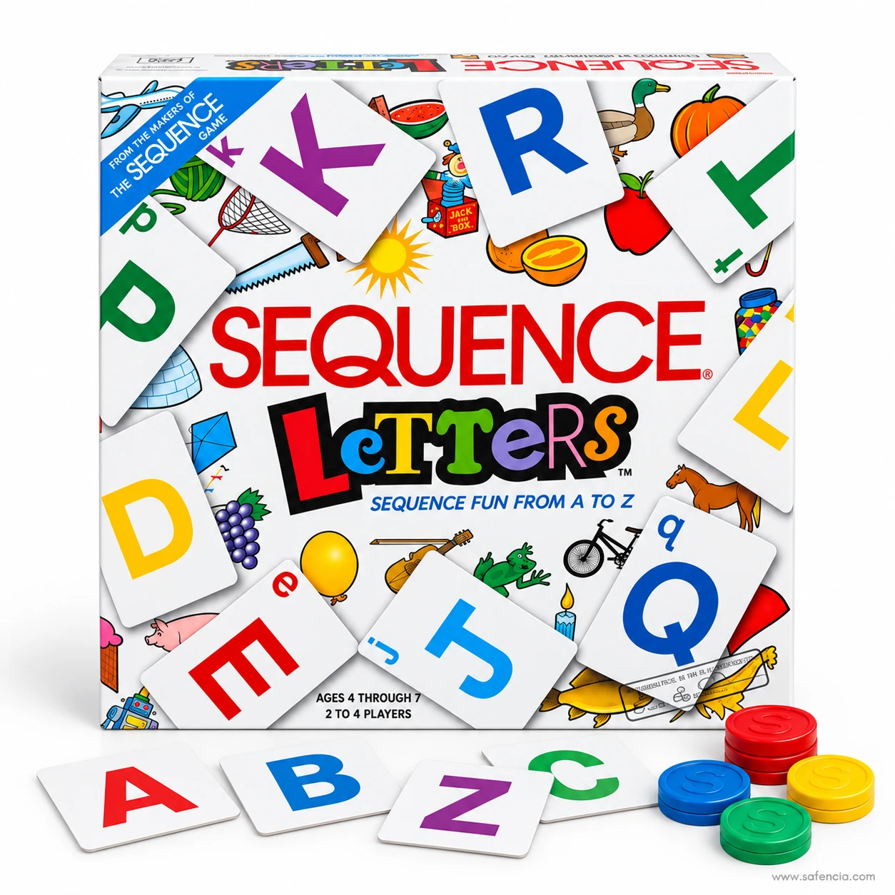Front of the Sequence Letters alphabet game box with colourful letters and picture illustrations