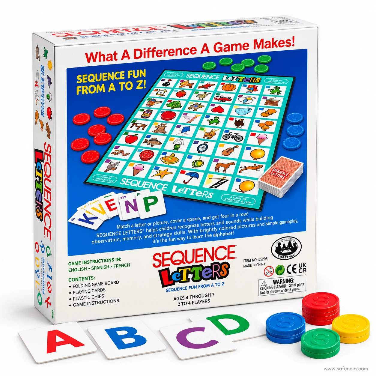 Back of the Sequence Letters box showing contents list, ages 4 through 7 and 2 to 4 players