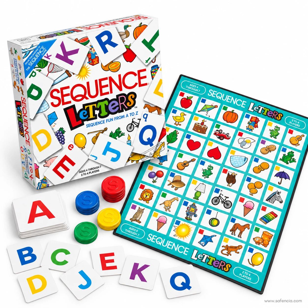 Sequence Letters folding game board with picture spaces, letter cards and playing chips spread out