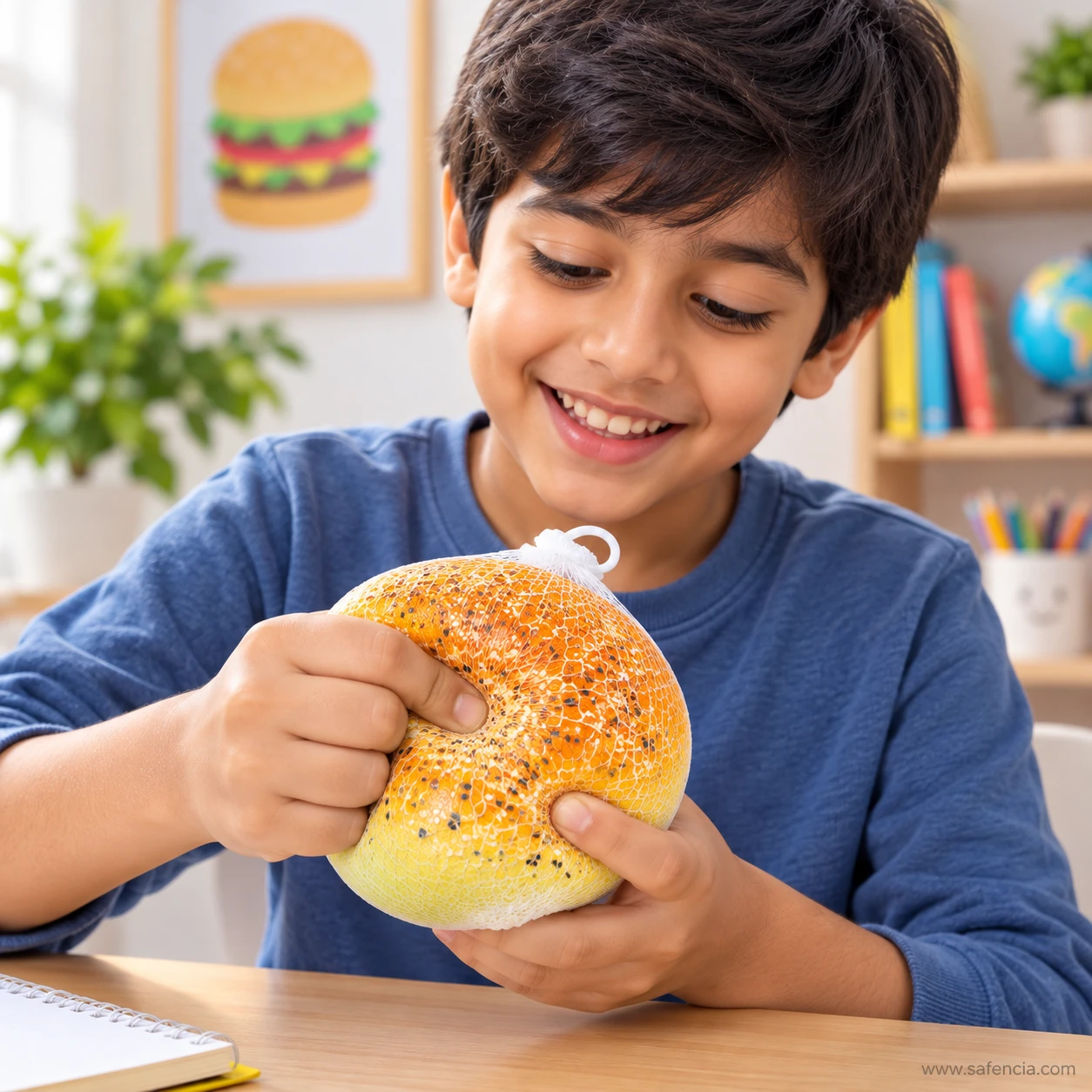 Smiling child at a desk squeezing the sesame bun squishy in its mesh net with both hands