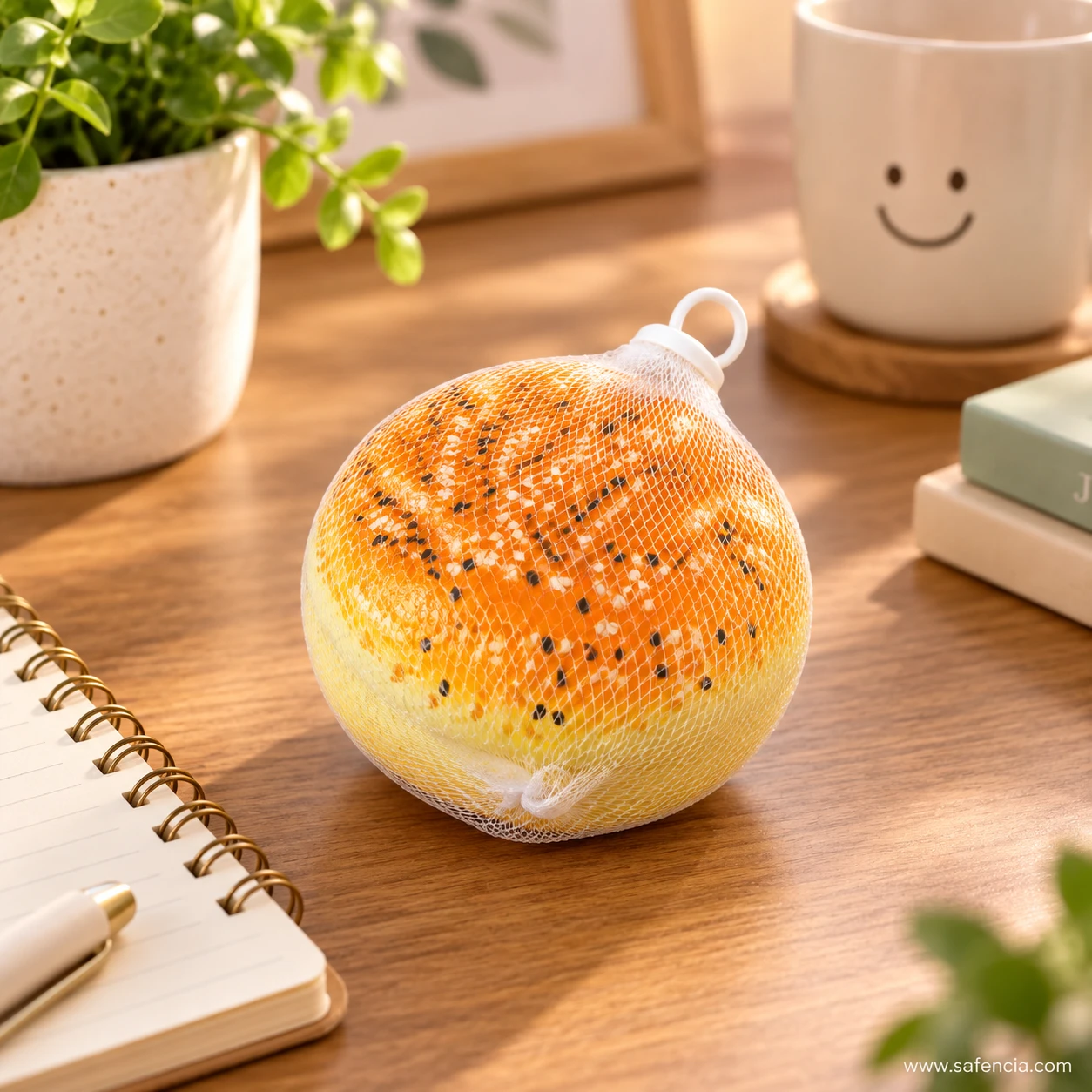 Sesame bun squishy in its mesh net sitting on a wooden desk beside a notebook and a mug