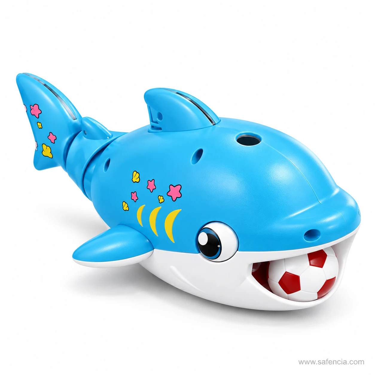 Shark blowing ball toy holding a ball in its mouth, showing the air hole on its back