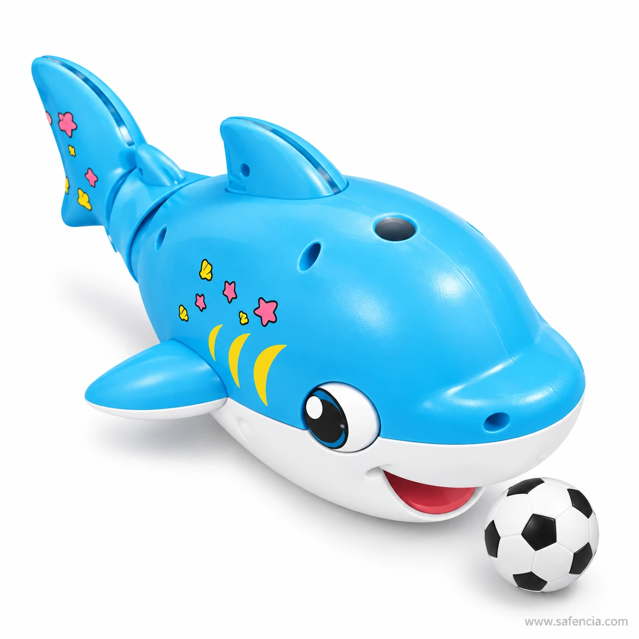 Front angle of the blue shark blowing ball toy with a football-print ball beside it